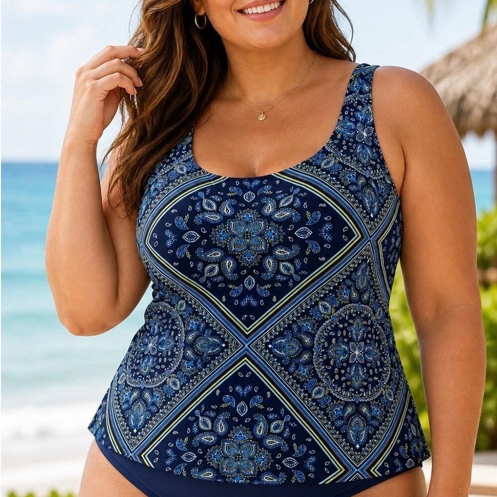 Lands End Paisley Swim Tankini Top Womens Size 12 DDD Navy Underwire Resortwear